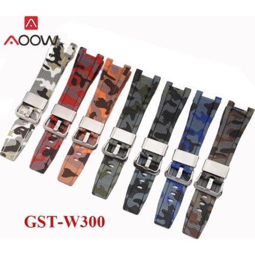 Camo Resin Strap for Casio G-Shock GST-W300 GST-S110 S100G GST-W110 Men Sport Waterproof Rubber Watch Band Stainless Steel Hoop