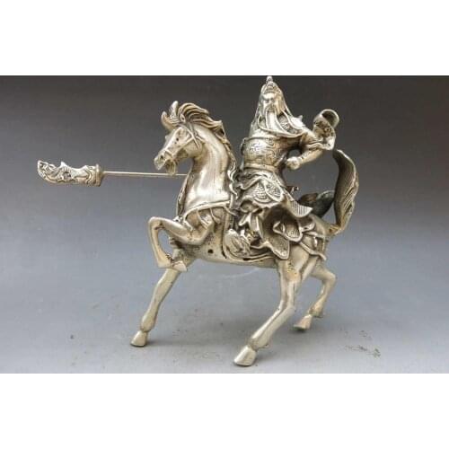 China silver handwork carved Guan Yu sculpture Guan-Gong on horse buddha Statue