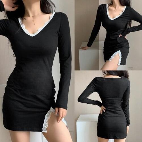Lace Split Long Sleeve Bodycon Dress Black Sexy Mini Dresses Women Autumn Skinny V Neck Short Dress