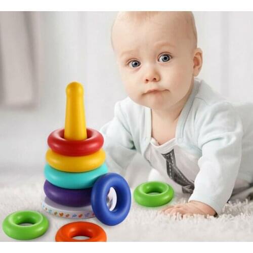 Cute colorful rainbow tower block baby toys stacking ring pattern education toys intelligent development toys for kids baby