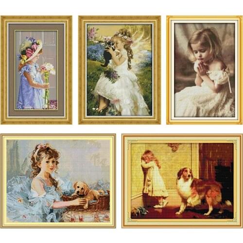 The Girl Holding The Cat Cross Stitch Kits Stamped Patterns 11CT 14CT Print Counted Decor Thread Craft Embroidery Needlework Set