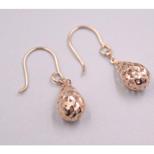 Real 18K Rose Gold Earrings 24x6mm Drop-Shaped Hollow Pattern Ear Hook About 1.2g For Woman