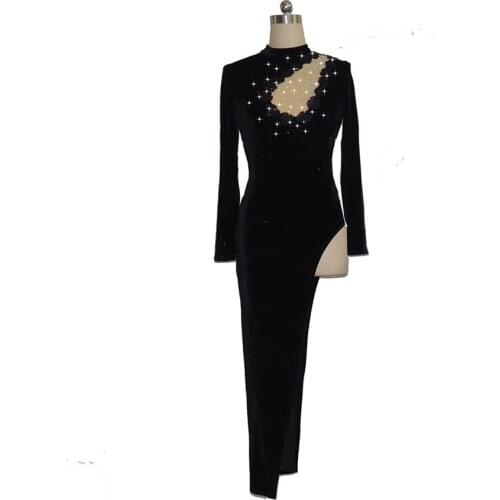 New Latin Dance Costume Classical Elastic Velvet Costume Exercise Skirt Black Red High Opening #LD0048