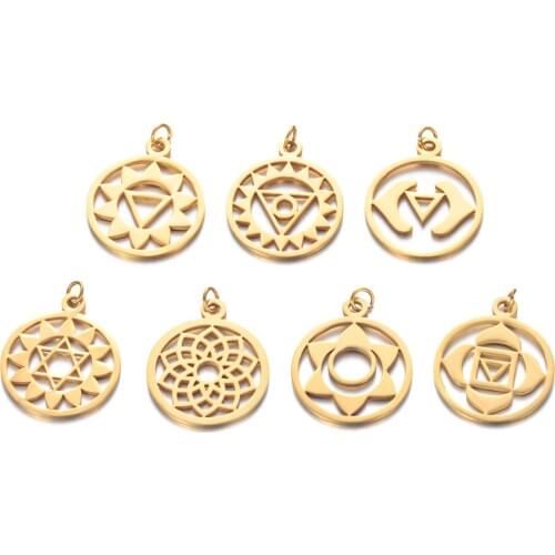 5pcs/Lot Gold Color Chakra Charms Meditation Pendants Hollow OM Buddhist Metal DIY Pendants For Jewelry Making