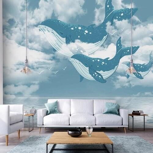 Custom Mural Wallpaper Nordic Creative 3D Ocean Sky Whale Childrens Room Background Wall Painting Papel De Parede Infantil 3 D