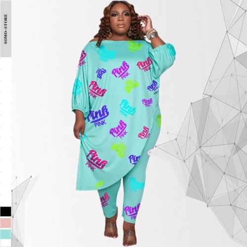 Sexy Plus Size Womens Clothing Loose Fashion Print Diagonal Shoulder Tops Letter Pattern Two Piece Set Wholesale Dropshipping