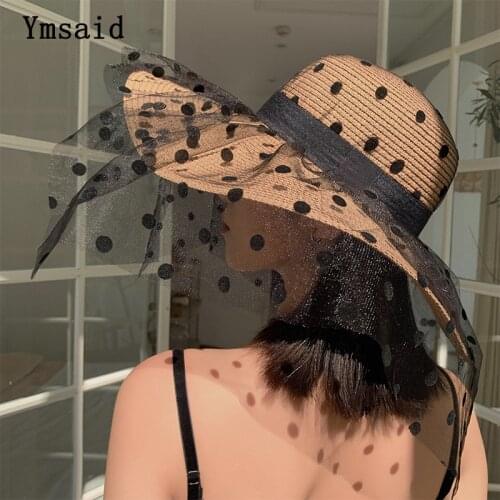 Summer Elegant Dot Mesh Straw Hat Women Wide Brim Sun Protection Beach Hat 2020 New Floppy Foldable Sun Hats for Women Ladies