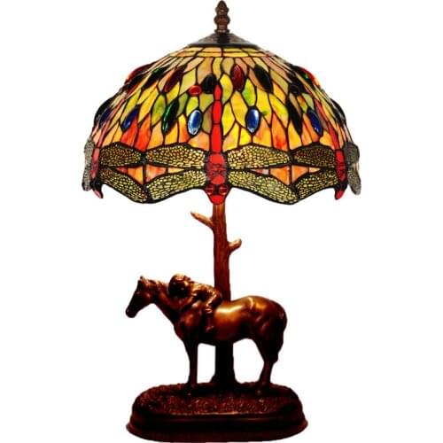 FUMAT Glass Table Lamp Creative European Style Bedside Lamp Stained Glass Shade Hotel Bar Living Room Little Horse Stand Lights