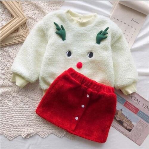 Girls Fashion European and American Christmas Plus Velvet Sweater Short Skirt Two-piece Suit Kids Clothes Winter Baby Clothes