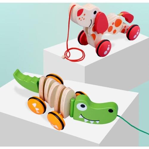 Walk-A-Long Croc Dog Toddler Wooden Pull Along Toy Baby Dragging Kids Puppy Baby Learn Walk Toy Tractors