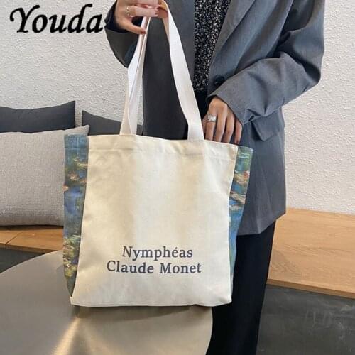 Youda Women Canvas Shoulder Bag Print Water Lily Daily Shopping Bags Students BookBag Cotton Cloth Handbags Large Tote For Girls