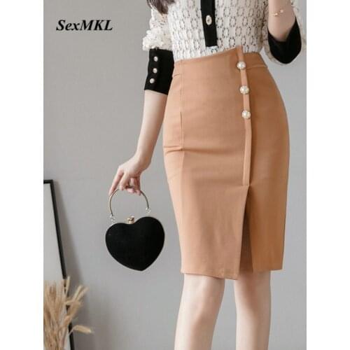 Plus Size Elegant Bodycon Skirts 2020 Fashion High Waist Black Pencil Skirt Women Korean Clothes Office Button Red Sexy Skirt