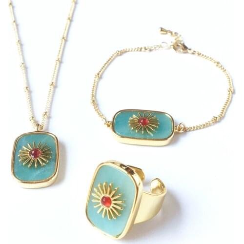 FUWO Wholesale Amazonite Jewelry Sets,Fashion Natural Gems Stone Necklace Bracelet Ring Statement Gift For Women JS005