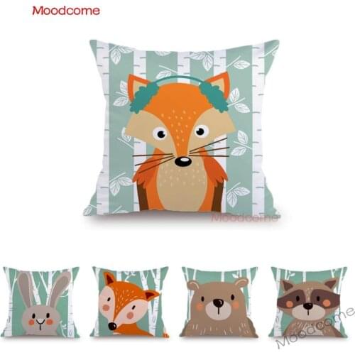 Green Grey Background Woodland Animal Bunny Bear Fox Raccoon Cartoon Kids’ Room Decor Pillow Case Velvet Cute Sofa Cushion Cover