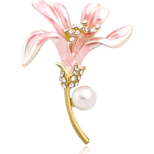 Wuli&baby Pearl Enamel Lily Flower Brooch Pins For Women Unisex Pink Blue Flower Party Office Brooch Pin Gifts