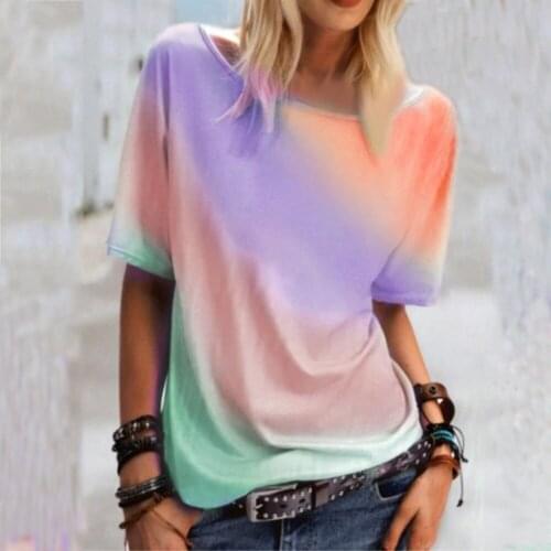 Women Fashion Tie Dye Plus Size T -Shirt Summer Short Sleeved O Neck Rainbow Print T Shirt Loose Casual Top Woman Clothing 5XL
