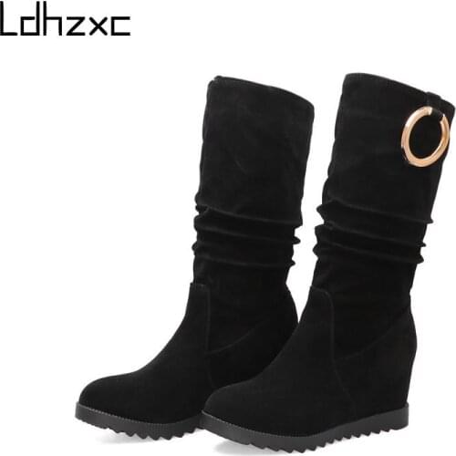 LDHZXC Women Knee High Boots RoundToe Pu Leather High Heel Zipper Elegent Ladies Motorcycle Boots Size 34-44