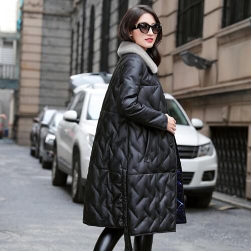 100% Genuine Leather Duck Down Jacket Women Real Mink Fur Collar Down Coat Female Long Streetwear Real Sheepskin Coat Hiver 9336