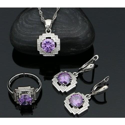 925 Sterling Silver Jewelry Set Purple Cubic Zirconia Open Ring Earrings Pendant Necklace for Women Amethyst Jewelry