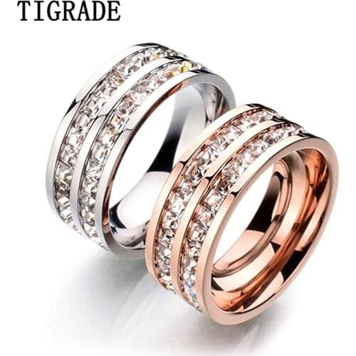 Tigrade Women Titanium Ring Rose Gold Silver Color Full Cubic Zirconia Jewelry Crystal Ring Female Party Cocktail Wedding Band