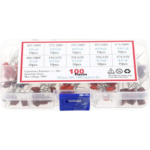 100pcs 10 Values CBB Capacitor Set Metallized Polyester Film Capacitors Assortment Kit 10nF~470nF 22NF 47NF 100NF 0.47uf 0.1uf