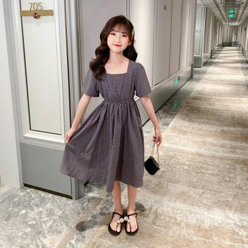 2020 Summer Kids Girls Cotton Dress Children Plaid Clothes Teenager Girls Elegant Retro Long Style Dresses Fashion Brief, #8900