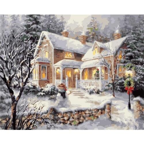 40*50 CM House In The Snow Adult Hand Painted Home Decoration Landscape painting Acrylic Digital Oil Painting By Numbers