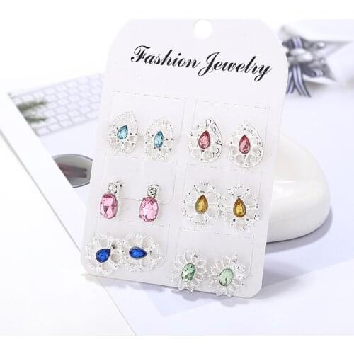 6Pcs Hollow Dripping Pattern Stud Earrings Inlaid Color Rhinestone Earring Fashion Party Statement Jewelry For Women New2019