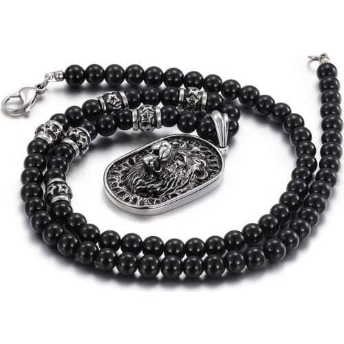 Titanium steel exaggerated lion head pendant national wind Buddha beads men and women necklace