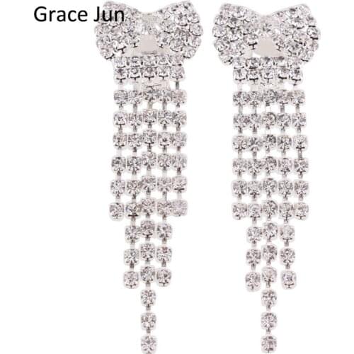 Grace Jun(TM) High Quality Bridal Silver Plated Crystal Rhinestone Bowknot Long Tassel Clip on Earring Without Piercing for Girs
