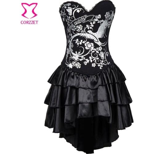 Black / Silver Phoenix Print Push Up Sexy Corset Gothic Dresses Corsets And Bustiers Vintage Burlesque Dress Steampunk Clothing