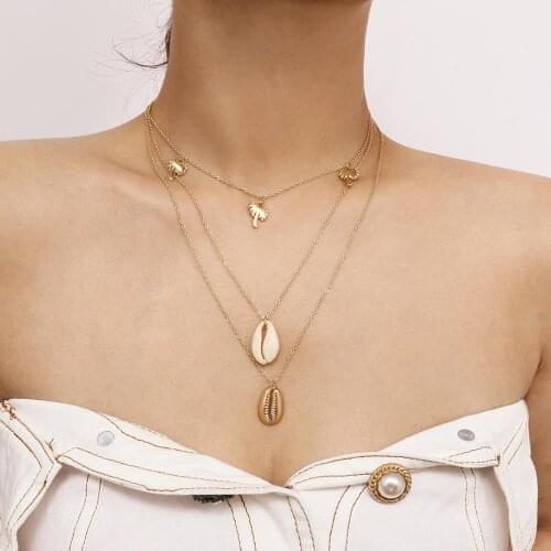 Natural cowrie Shell long Pendant Necklaces For women multi layer gold color chain pearl tassel statement necklace boho jewelry