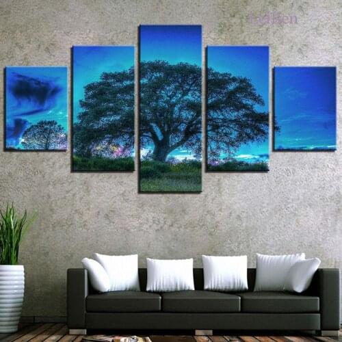 Home Decoration Living Room 5 Piece Set Hd Landscape Canvas Painting Aurora Tree Beautiful Night Scene Wall Art Poster Frameless