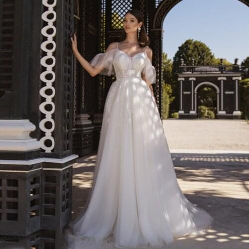 Elegant Appliques Lace Cap Sleeve Tulle A-Line Wedding Dress 2021 Boho Bohemian Bridal Gown Vestido De Novia