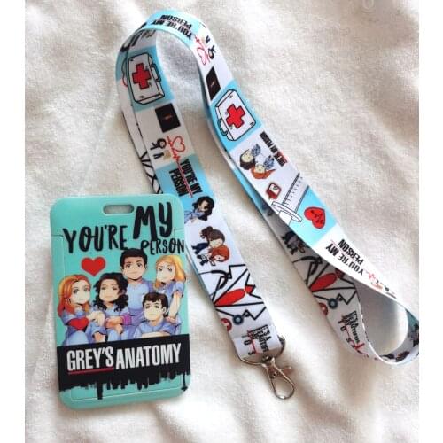 Hot Sale! 1 set Greys Anatomy Doctors nurse Lanyard Neck Strap Card Bus ID Holders With Key Chain