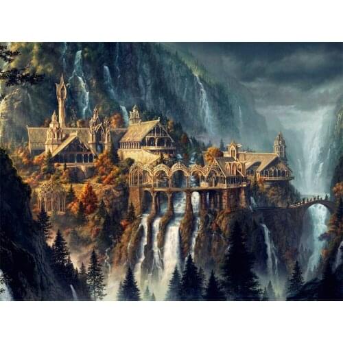JMINE Div 5D Waterfall Medieval magic castle Mountain Full Diamond Painting kits art Scenic 3D paint by diamonds