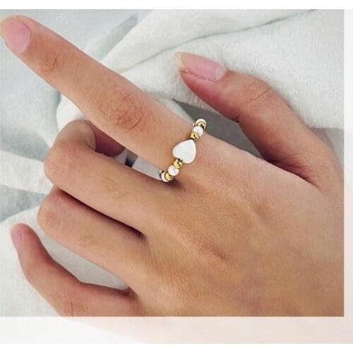 Pearl Ring With Golden Silver Color Bead Stainless Steel Rings for Women Heart Ring Engagement Ring Anniversary Gift Jewelry