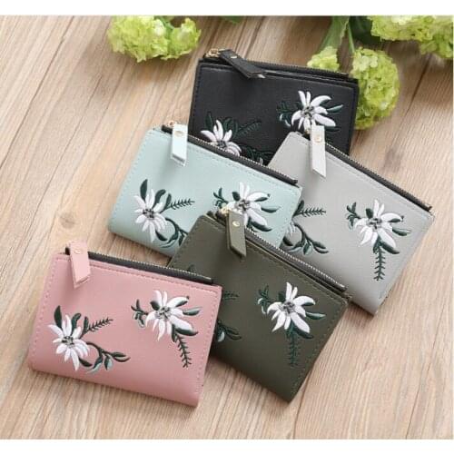 Embroidery Short Wallet PU Leather Wallets Female Floral Coin Purse Zipper Bag Card Holders