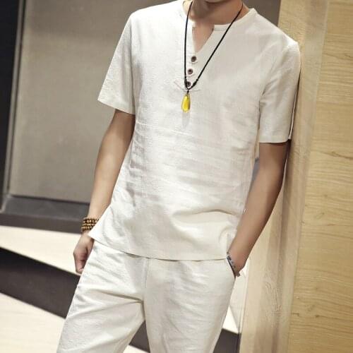 Summer Linen Short-sleeved T-shirt + Shorts Two-piece Suit Mens Set Comfortable Breathable Thin Cotton and Linen Casual Suit