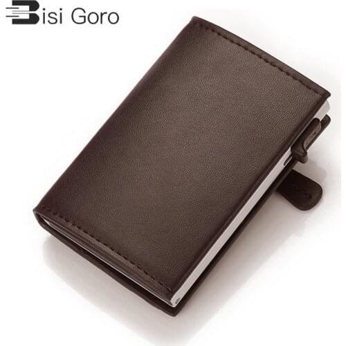 BISI GORO 2021 PU Leather Men Smart Wallet Automatic Fashion Coin Purse RFID Aluminum Box Anti-theft Card Holder Slim Card Case