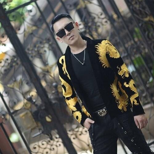 Gold Dragon Pattern Embroidery Stage Suit Jacket Fancy Designer Dj Club Party Prom Men Velvet Blazer