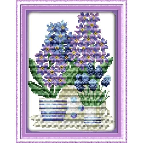 Potted flower series cross stitch kit purple flower pattern 14ct printed cloth DIY hand embroidery set craft handmade needlework