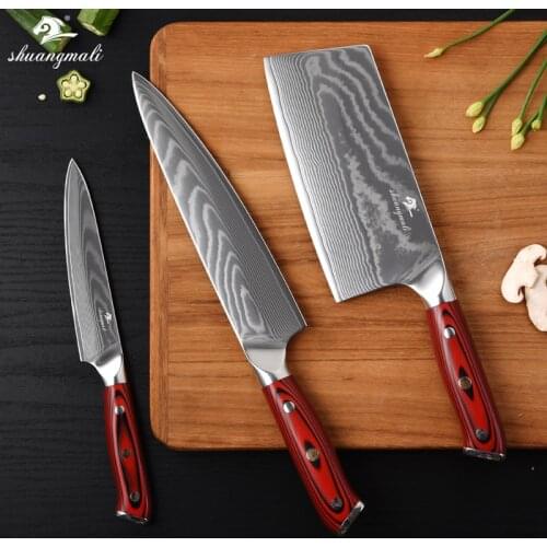 Shuangmali 3PCS Damascus Chef Knife Set 67Layer Damascus Steel Kitchen Cleaver Knives Cooking Chinese Slicing Chef Knife Set