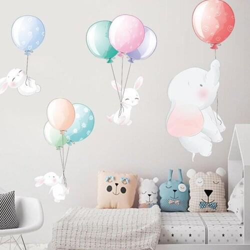 Balloon Elephant Baby Rabbit Diy Wall Sticker Decoration Cartoon Mural Style Nursery Room Sticker Decals Children Baby S0V7