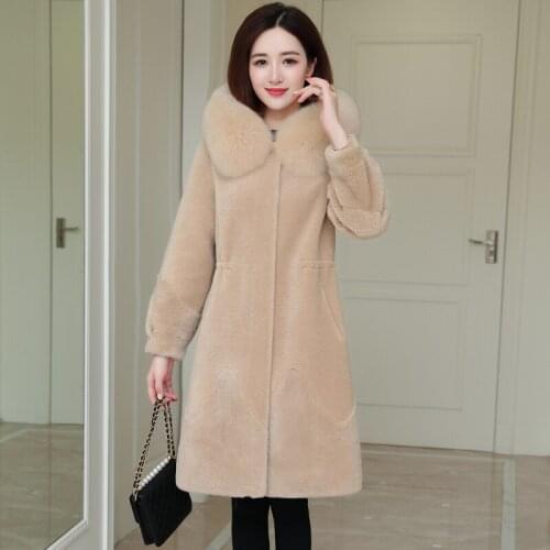 Tide winter new fox fur hooded fur sheep shearing coat female drawstring Slim granules long wool coat
