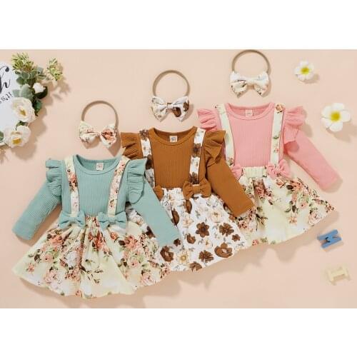 Autumn Kids Girls Clothes Long Sleeve Ribbed Top Floral Suspender Skirt Headband Children Fashion 3pcs Clothing Set