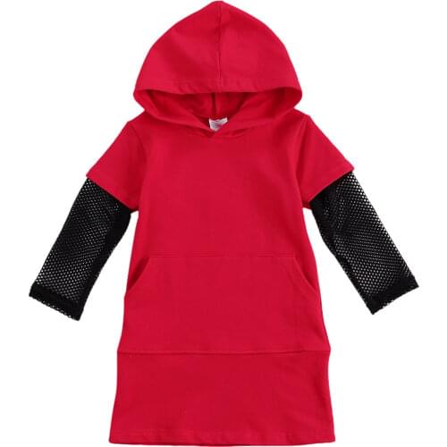 2-7Y Autumn Spring Baby Girls Hooded Dress with Front Pocket, Children Casual Mesh Long Sleeve Outfits