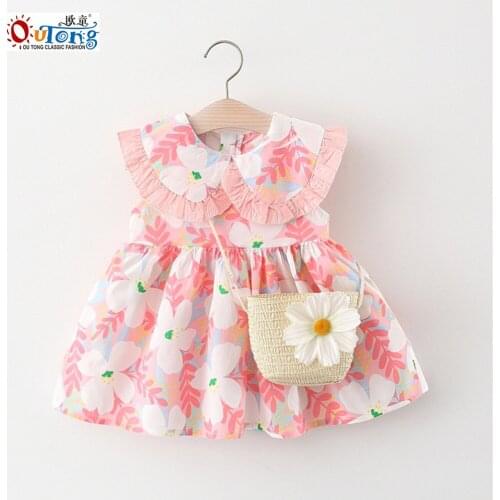 Outong Kids Dress Girls 2021 Flower Print 4 Years Summer Casual Cotton Clothes Big White Flower Bag Dresses sets Holiday Party