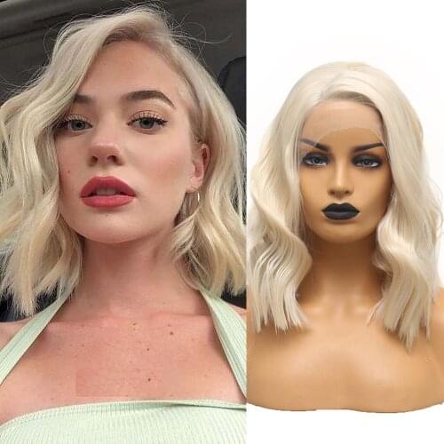 QUINLUX WIGS Platinum Blonde Wavy Bob Glueless Heat Fiber Synthetic Lace Front Wigs For Black Women Cosplay Game African Hair