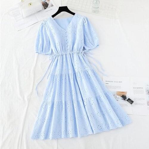 Women Summer Dress V-neck Hollow out Solid Cotton linen Dresses 2021 High Waist Vintage A-line Slim Ruffle Midi Dress
